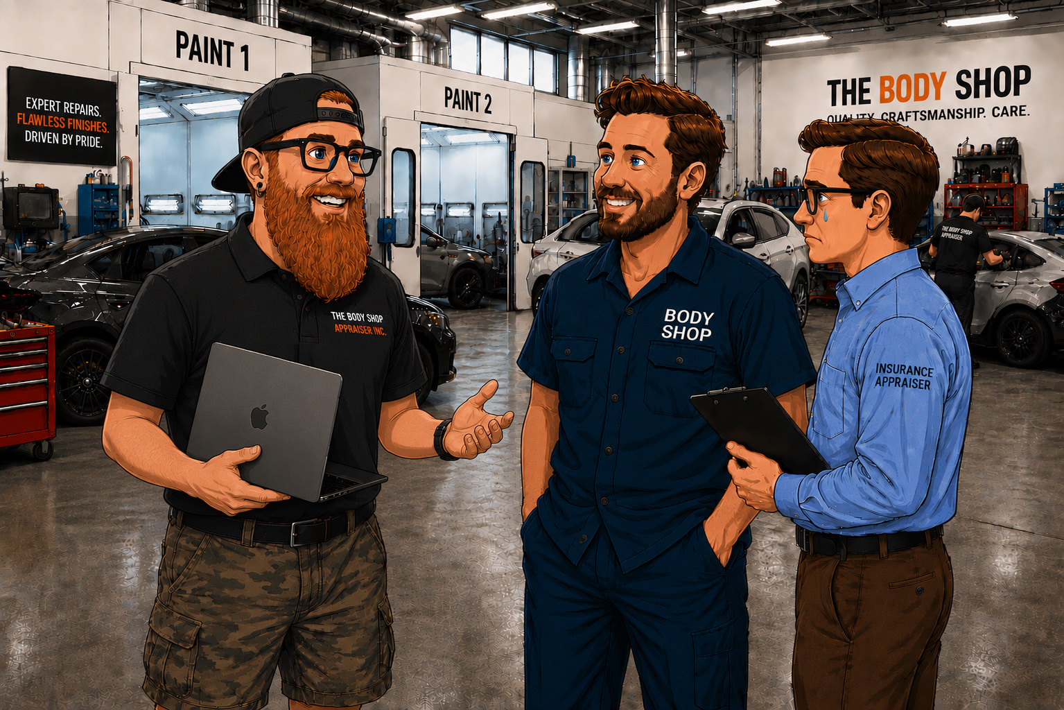 The Body Shop Appraiser discussing a repair file with a body shop owner and insurance appraiser inside a collision repair facility