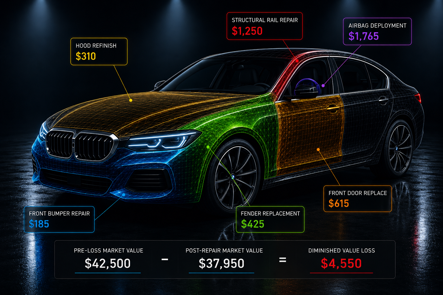 Vehicle diminished value illustration showing accident history and market value loss