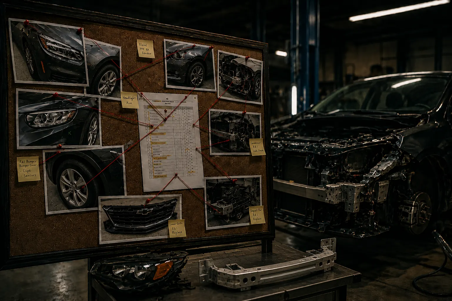 Collision repair estimate review board with vehicle damage photos, repair notes, and supporting documentation