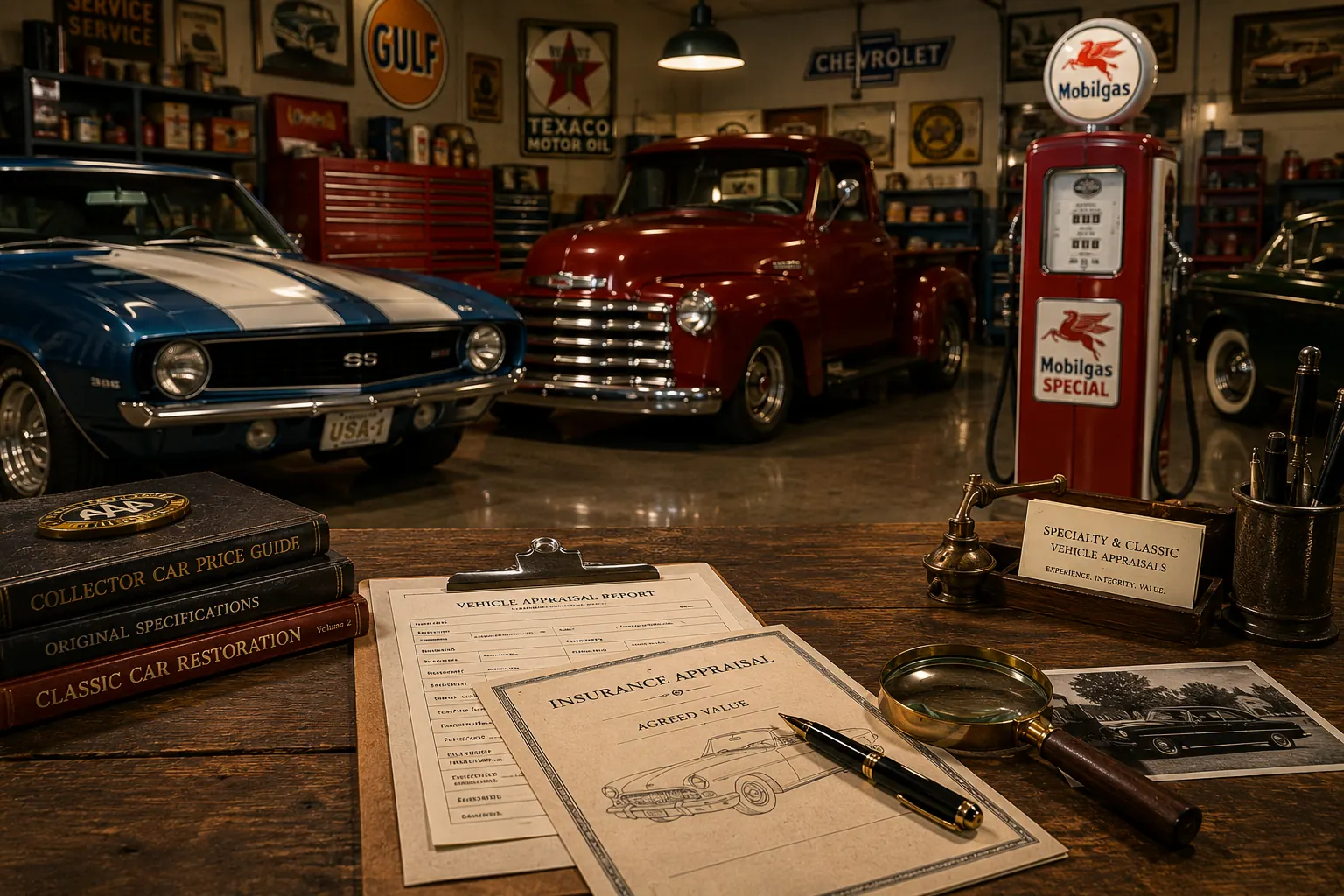 Classic vehicle appraisal desk with collector cars, appraisal paperwork, and specialty vehicle appraisal materials