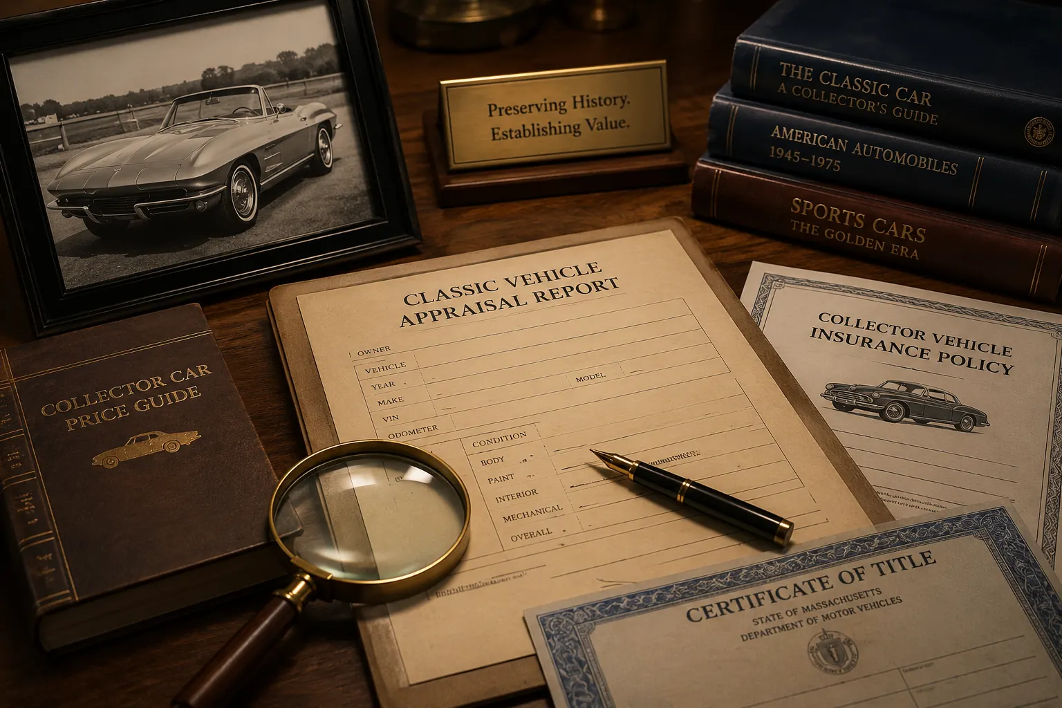 Classic vehicle appraisal report, collector insurance policy, and appraisal reference materials for specialty vehicle referrals